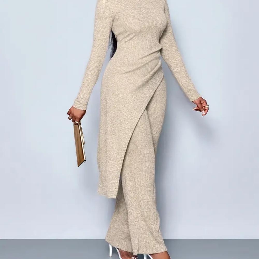 Elegant Minimalist Asymmetrical Cream High Neck T-shirt Pants Set